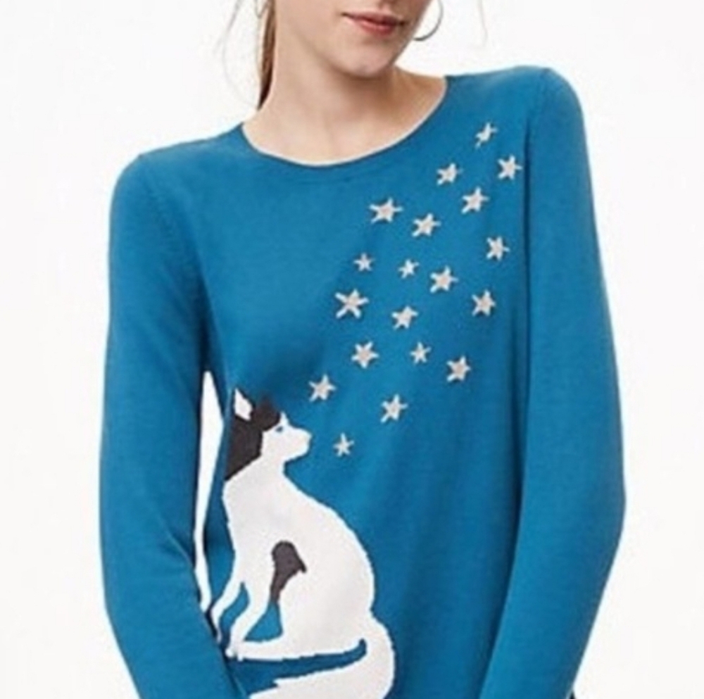 NWT LOFT Teal Blue Long Sleeve Crewneck Novelty Sweater Wolf Husky Dog XS - Picture 8 of 8